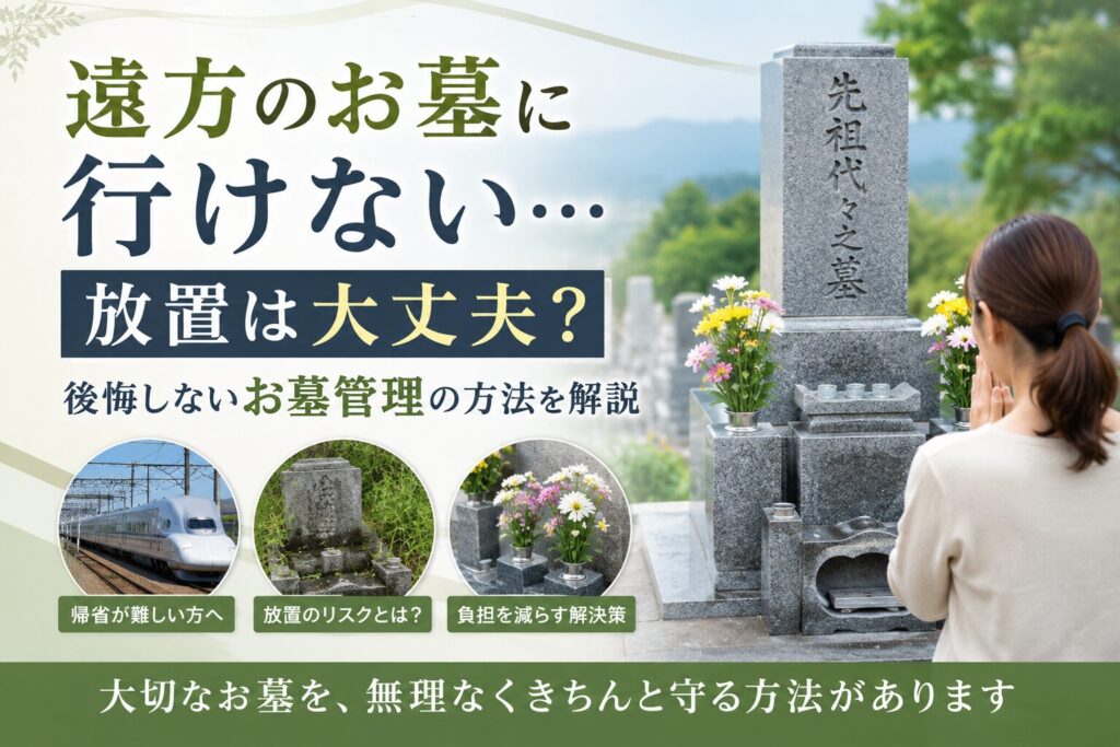 遠方のお墓に行けず悩む女性がお墓参りをしている様子と、お墓管理方法を解説するアイキャッチ画像