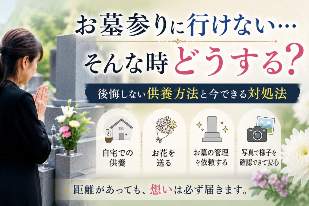 お墓参りに行けず悩む女性と墓石のイメージ｜後悔しない供養方法とお墓管理の対処法