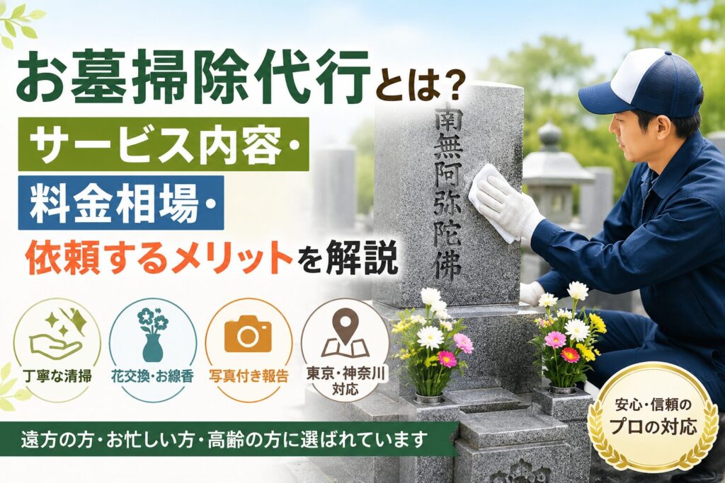 お墓掃除代行サービスの作業イメージ。墓石を清掃するスタッフと「サービス内容・料金相場・依頼するメリットを解説」というタイトル入りアイキャッチ画像。